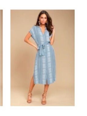 Lush Light Blue Striped Midi Shirt Dress with Tie Waist
